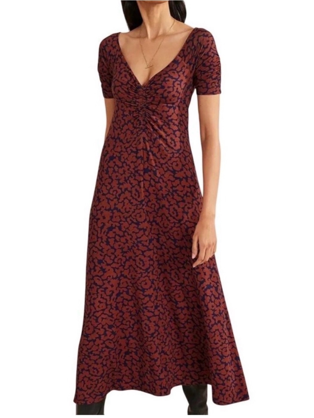 Boden NWT Ruched Front Jersey Midi Dress Spiced Apple Abstract Camo Size 2